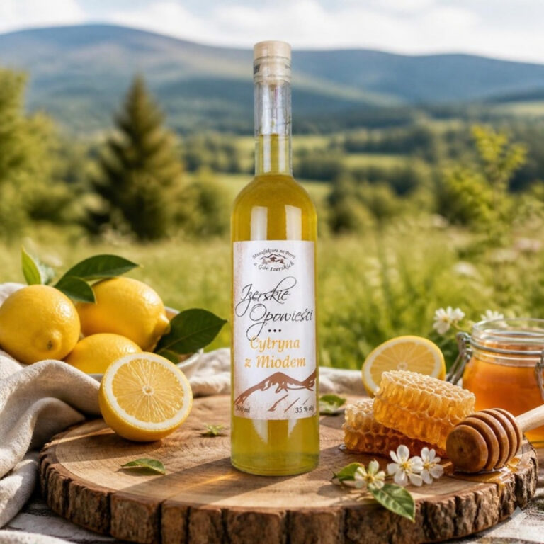 Likier Izerskie Opowieści Cytryna z Miodem 500 ml wśród cytryn i plastrów miodu