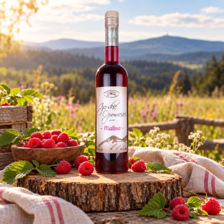 Likier Izerskie Opowieści Malina 500 ml na drewnianym plastrze wśród malin, w tle Góry Izerskie