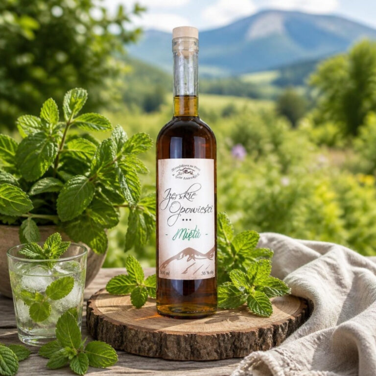 Likier Izerskie Opowieści Mięta 500 ml wśród świeżej mięty