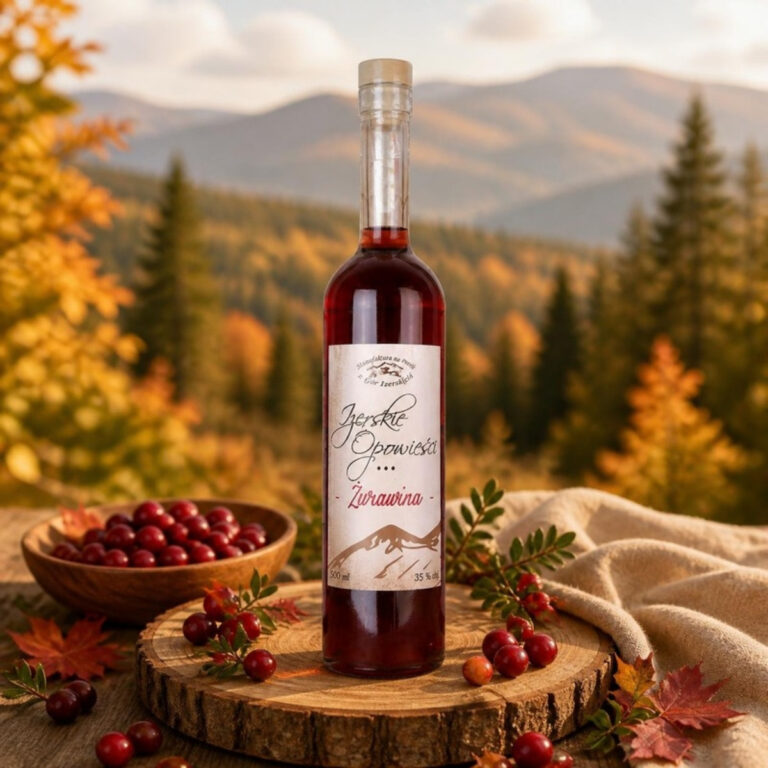 Likier Izerskie Opowieści Żurawina 500 ml wśród żurawin, jesienne góry w tle